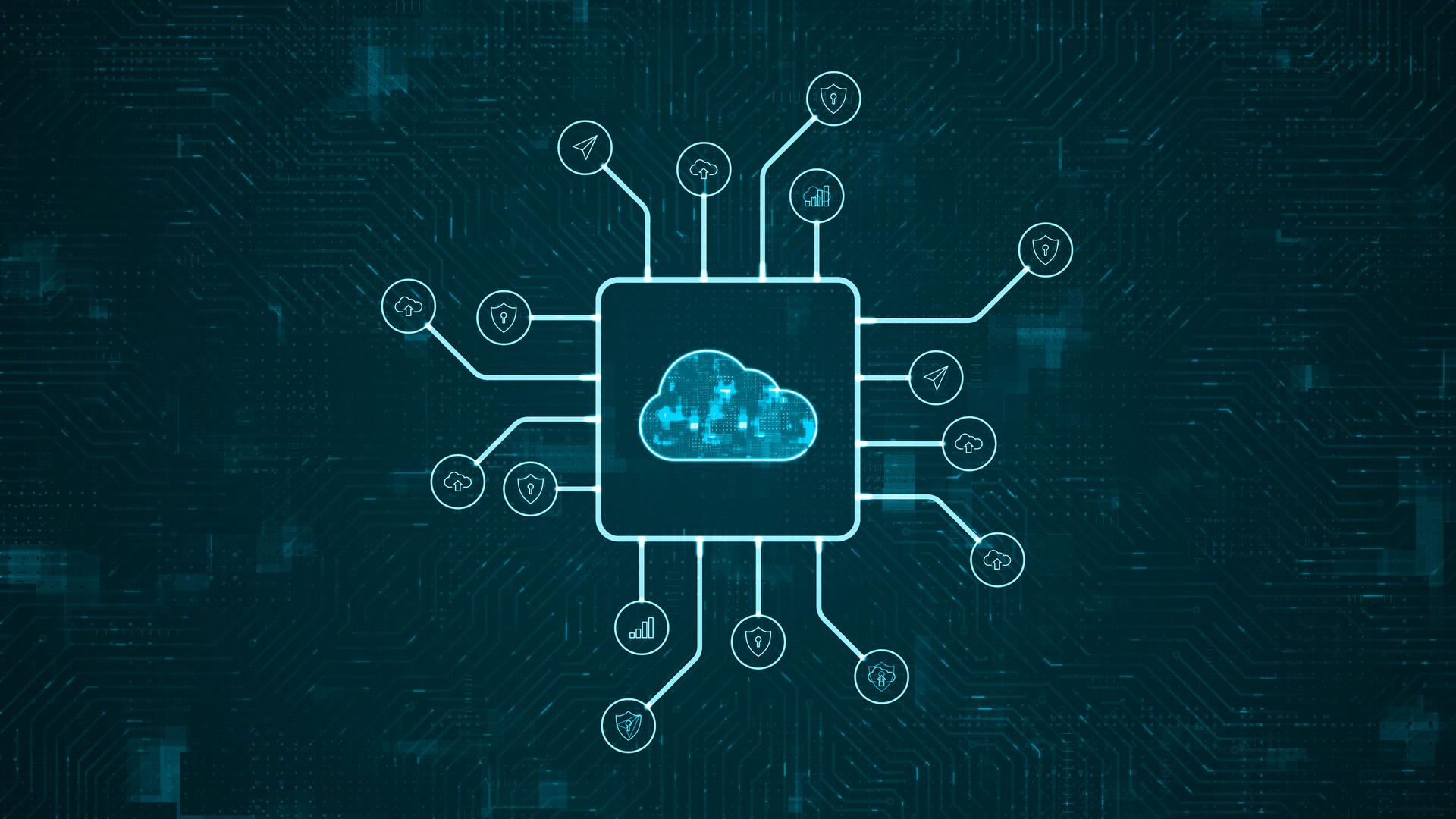 Blue digital cloud computing logo and futuristic HUD technology circuit board with technology icon and data transfer on abstract background with storage big data backup concepts