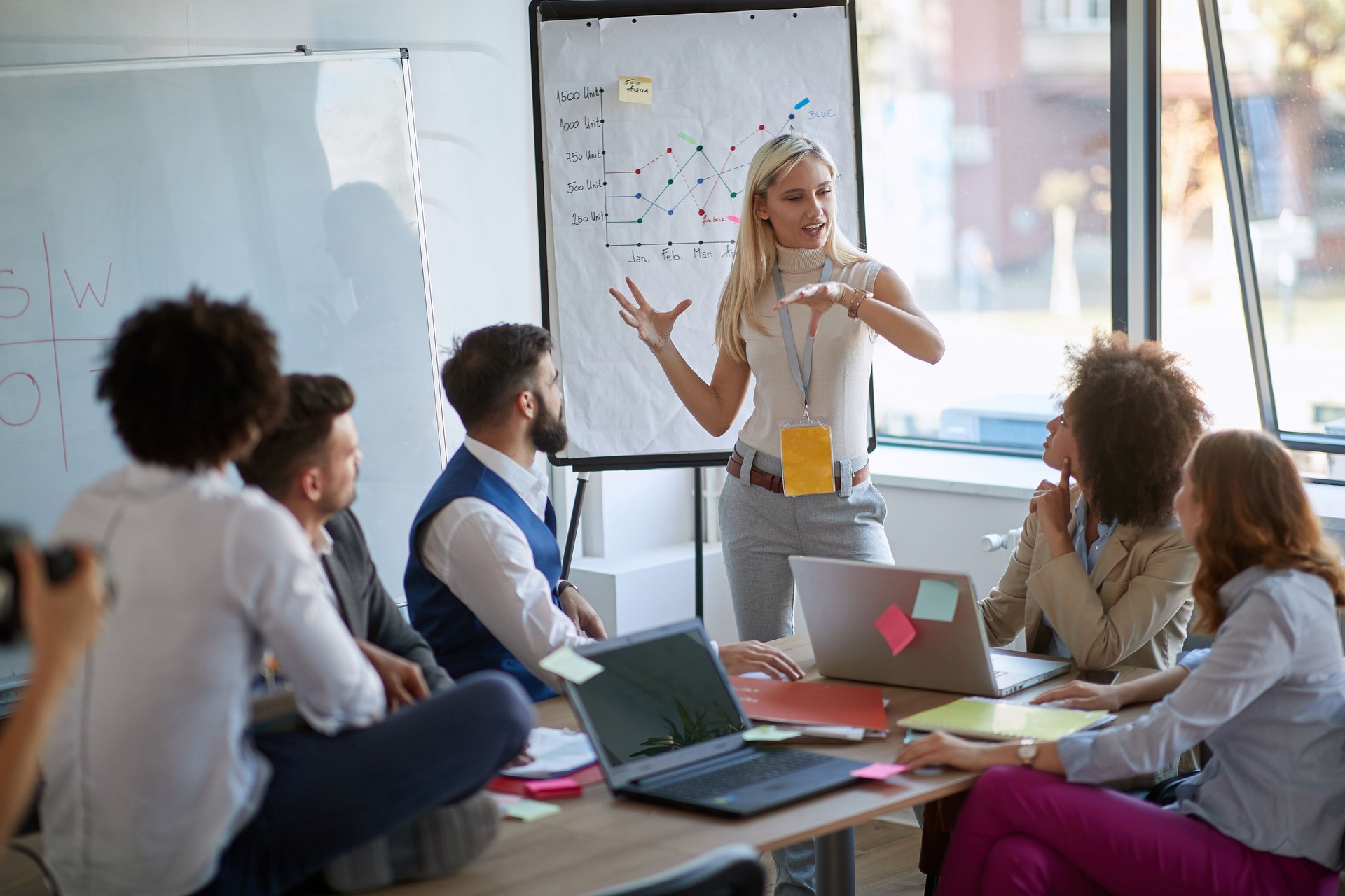 Business woman present  her idea to working team.Business colleagues talking about plan or new project.